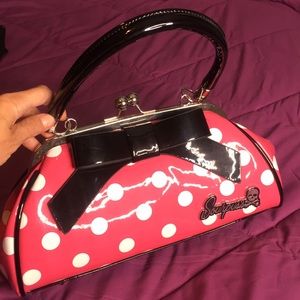 Pink and white polkadot sourPuss bag
